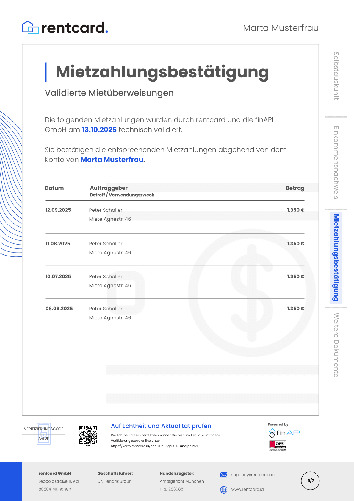 Mietzahlungsbestätigung